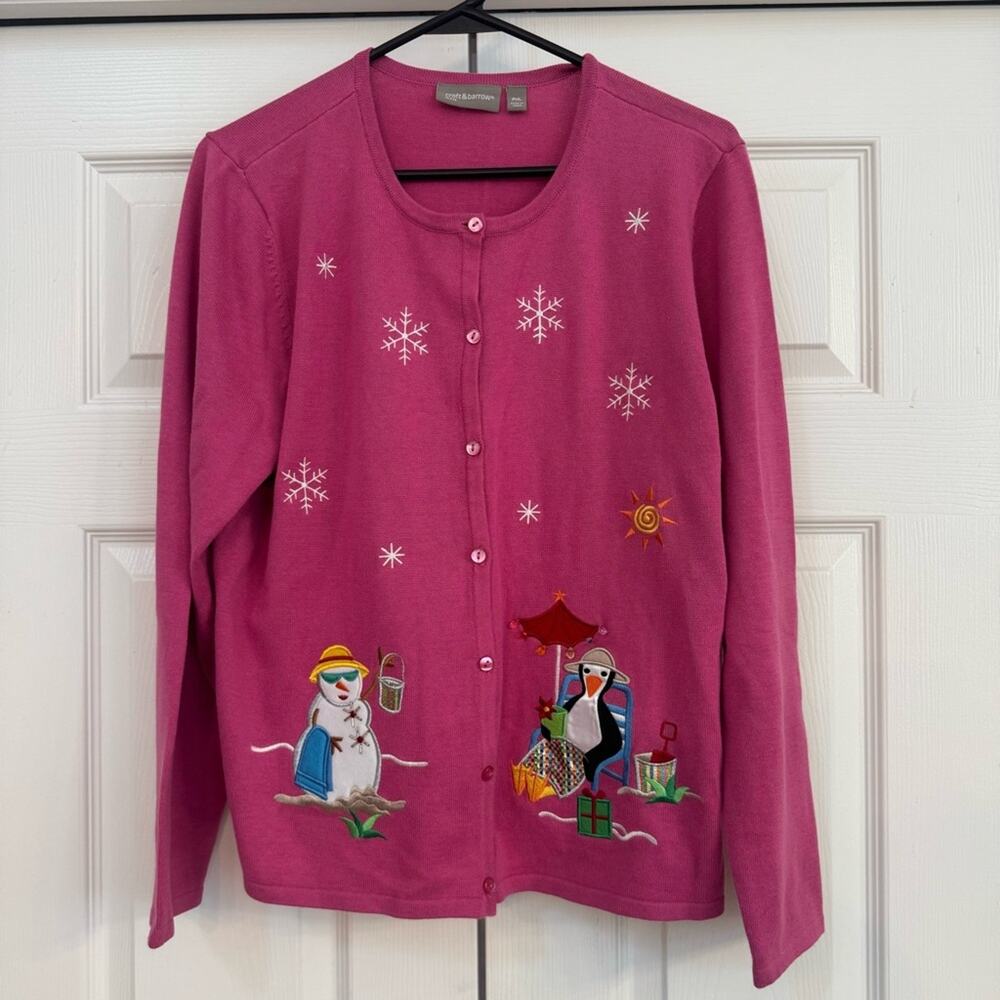 Croft & Barrow Women’s Pink Winter Holiday Button Down Sweater Cardigan Size PXL